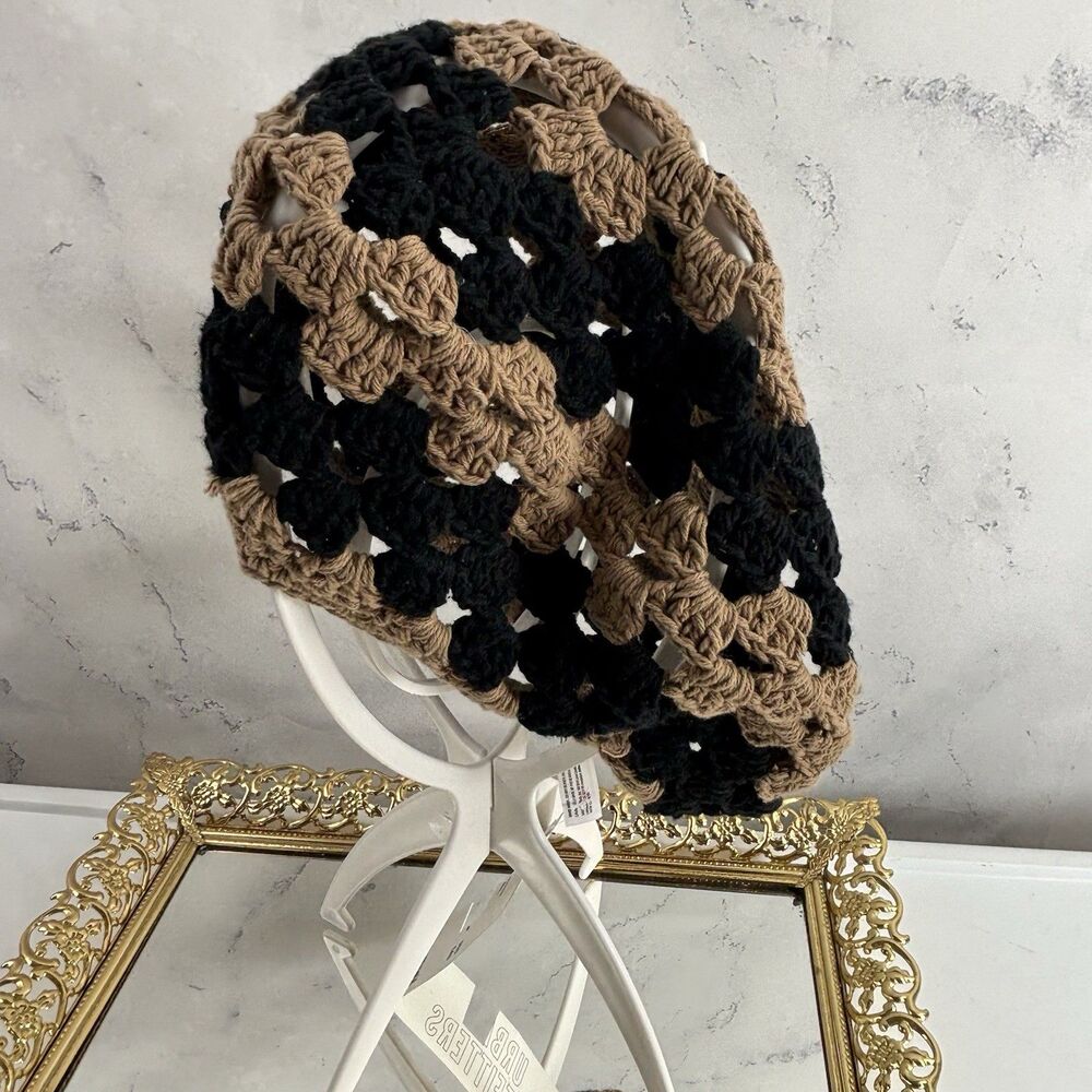 Vtg Style Crochet Granny Square Beanie Hat Boho Slouchy Skull Cap Black Tan Knit - Picture 6 of 7